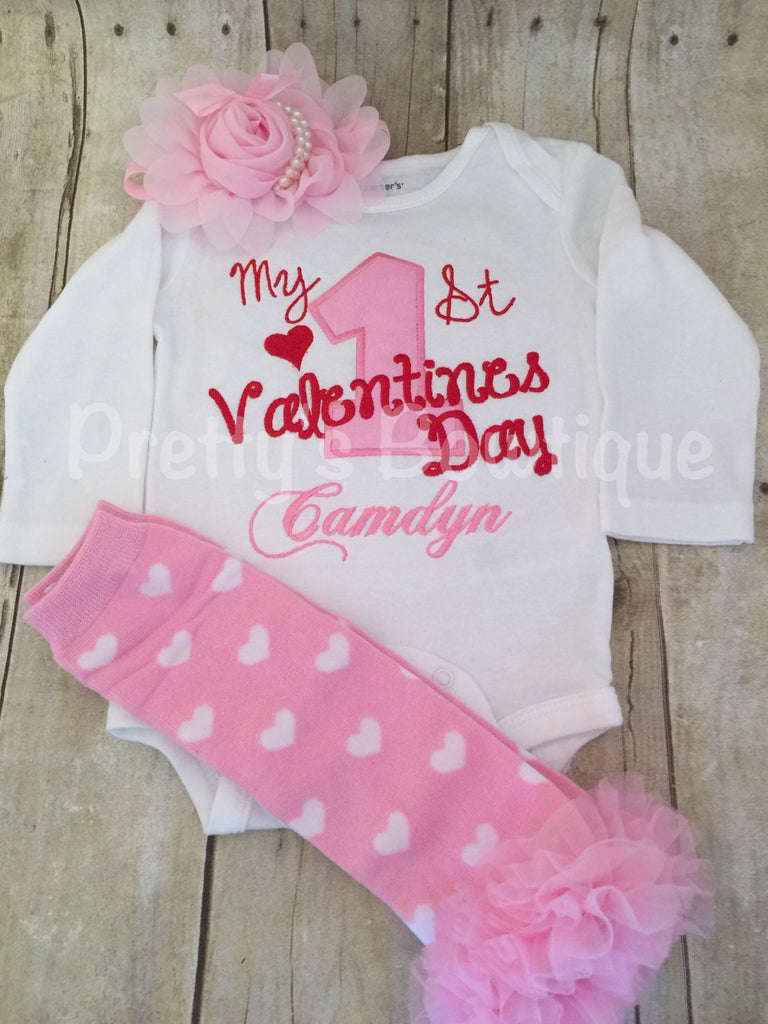 Baby Girls My 1st Valentine's Day Shirt or bodysuit -- First Valentine's Day personalized shirt, legwarmers and headband - Pretty's Bowtique