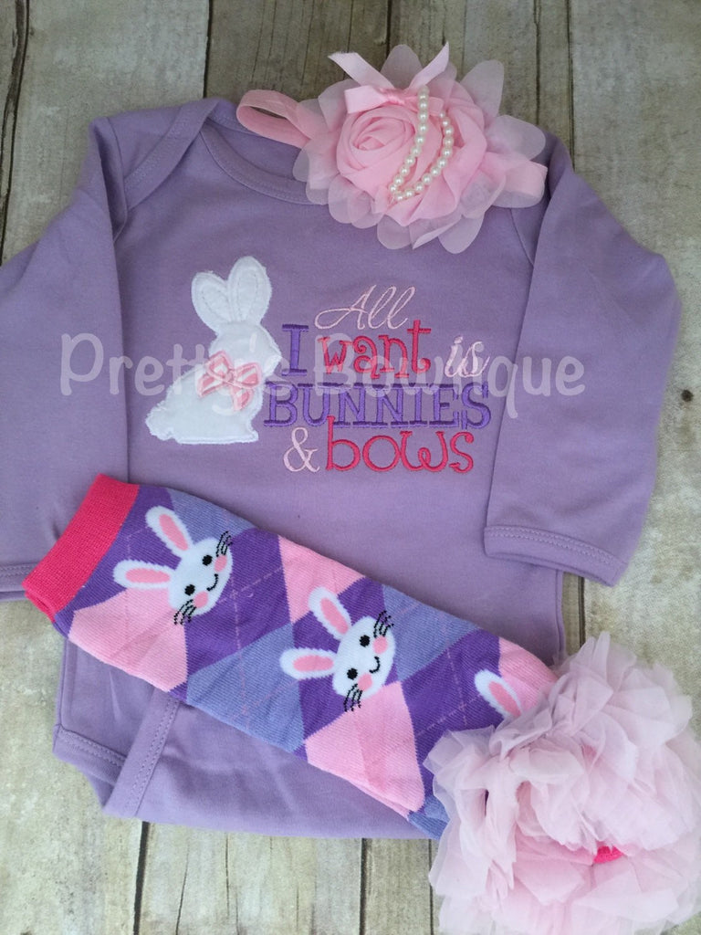 Girls Easter Shirt -- All i want is bunnies and bows-- Girls Easter Bunny shirt or Bodysuit -- Girls T Shirt -- - Pretty's Bowtique