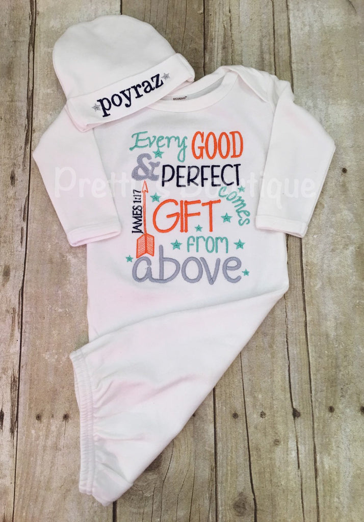 Newborn boy coming home outfit Every good and perfect gift comes from above James 1:27 gown and hat - Pretty's Bowtique