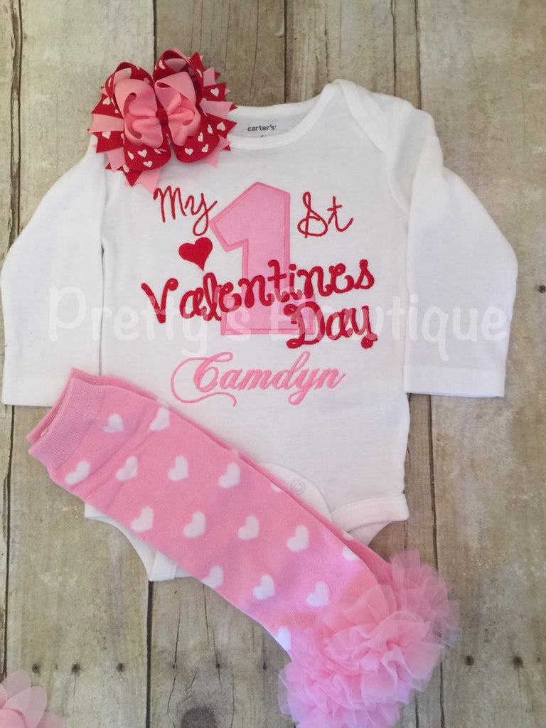 Baby Girls My 1st Valentine's Day Shirt or bodysuit -- First Valentine's Day personalized shirt, legwarmers and bow - Pretty's Bowtique