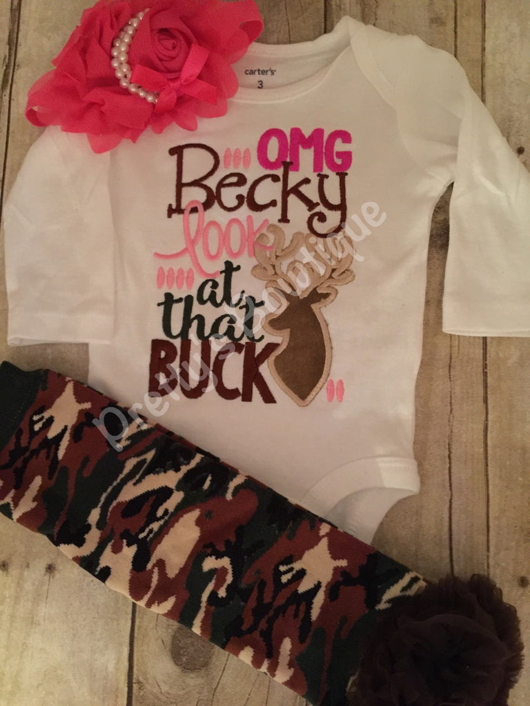 OMG Becky look at that buck-- Girl Hunting Camo Outifit 1- girls camo outufit -- bodysuit, leg warmers and flower - Pretty's Bowtique