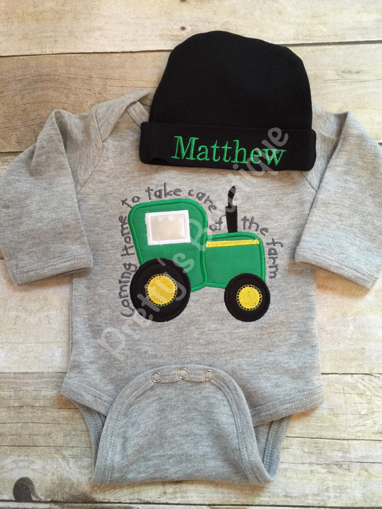 Baby Boy Coming Home Outfit -- Coming home to take care of the farm bodysuit with Hat with Embroidered Name - Pretty's Bowtique