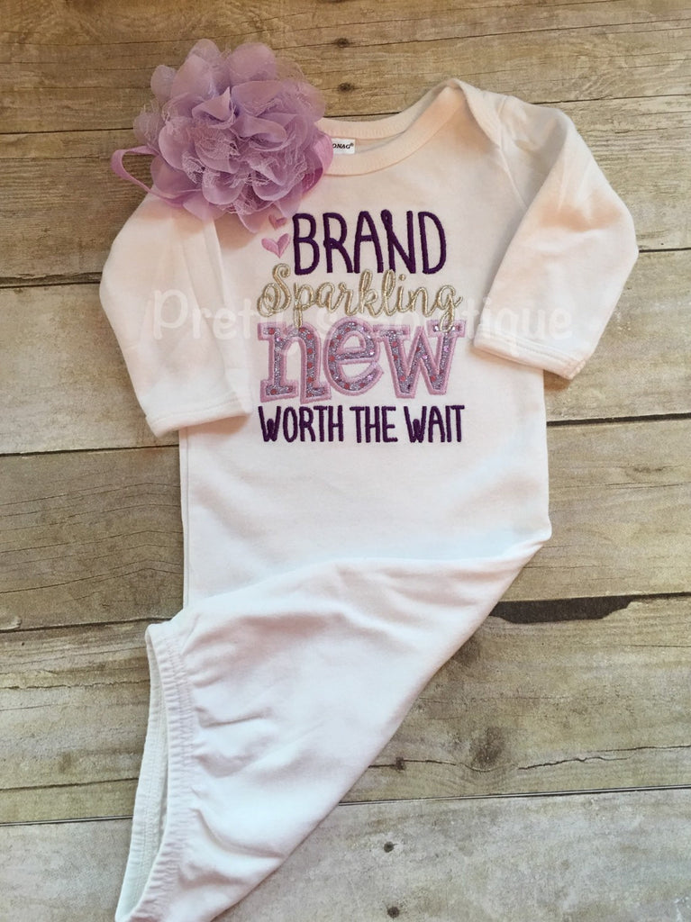 Worth the Wait gown & headband -- Perfect for hospital or coming home outfit purple - Pretty's Bowtique