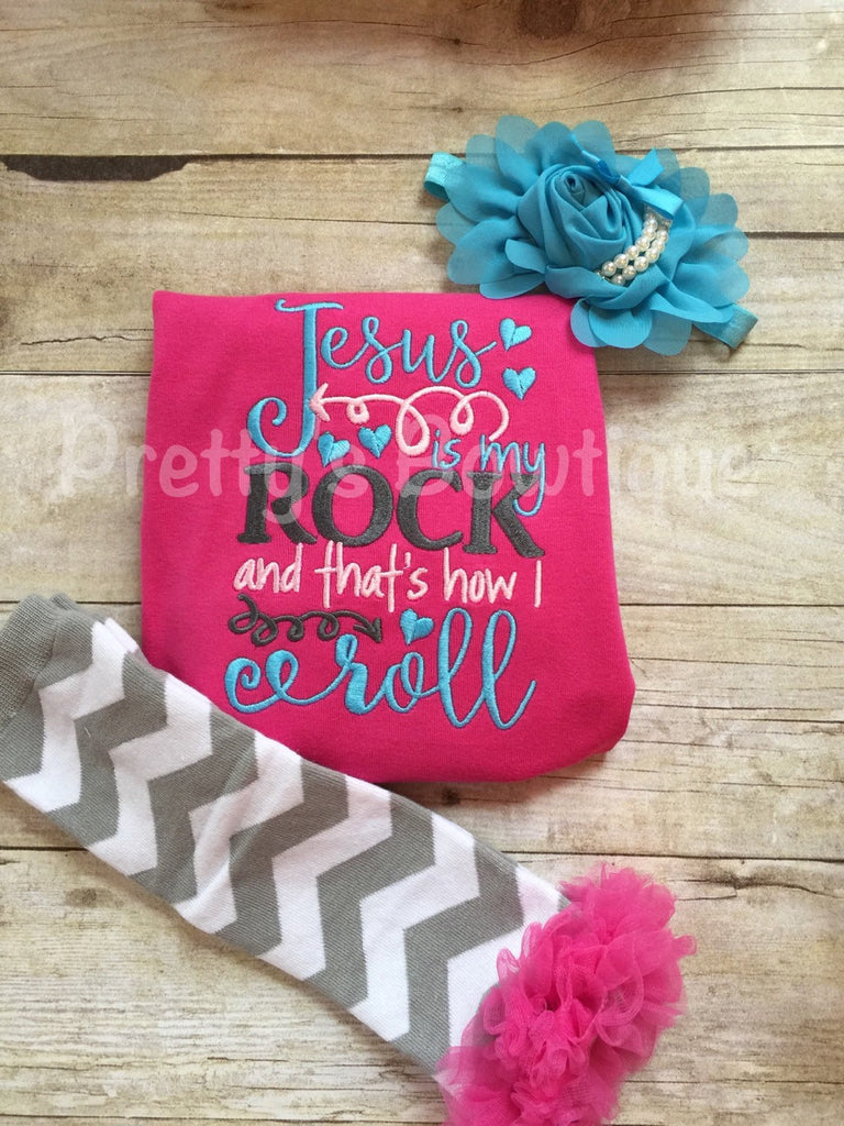 Jesus is my rock and that's how i roll outfit --  Little girl outfit  --  Jesus is my Rock outfit shirt, headband, and legwamers - Pretty's Bowtique