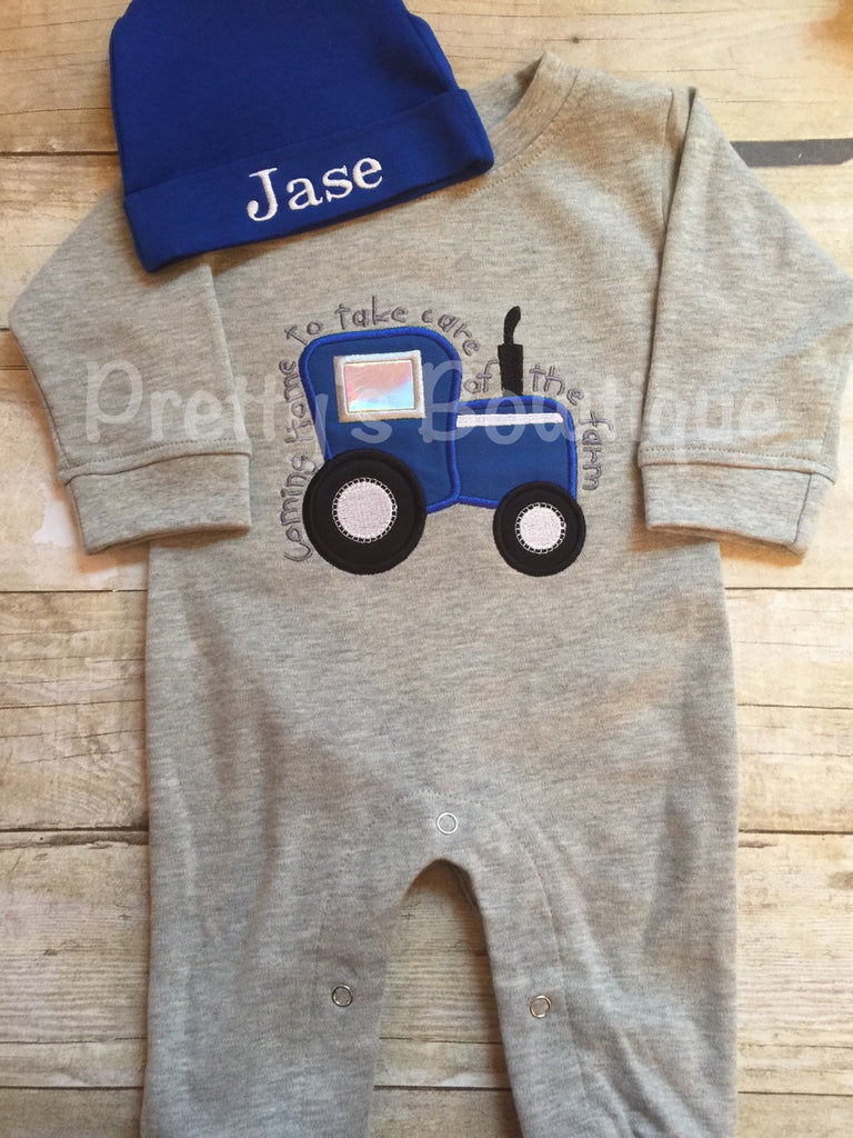 Baby Boy Coming Home Outfit -- Coming home to take care of the farm Romper with Hat with Embroidered Name - Pretty's Bowtique