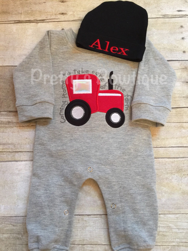 Baby Boy Coming Home Outfit -- Coming home to take care of the farm Romper with Hat with Embroidered Name - Pretty's Bowtique