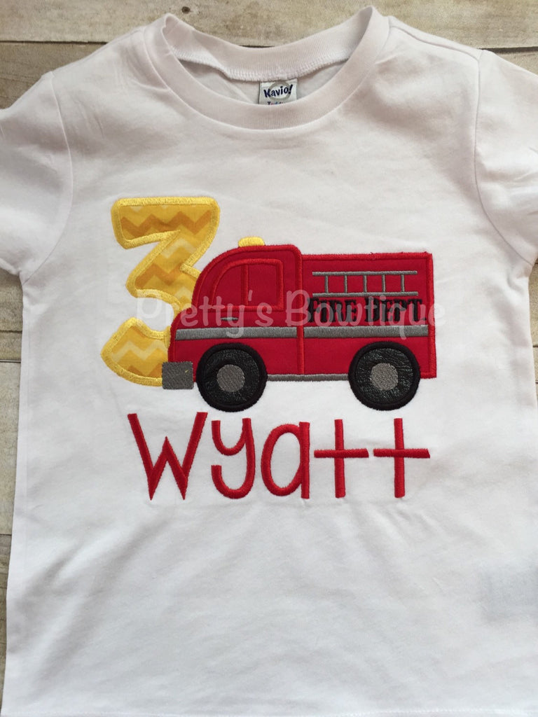 Boys Firetruck Birthday Shirt any age you can pick colors and fabrics -- Fireman Birthday shirt - Pretty's Bowtique