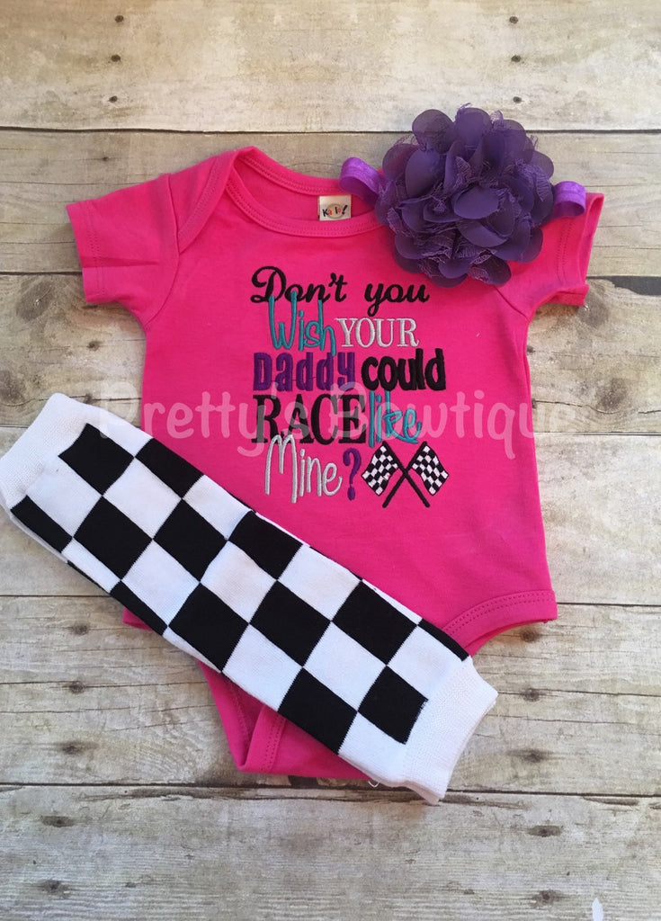 Girls Don't wish wish your daddy could race like mine? bodysuit, leg warmers and headband.  Can customize colors - Pretty's Bowtique