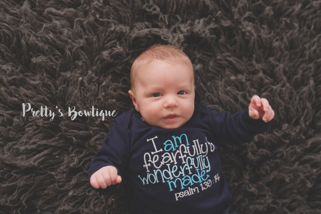 Newborn boy coming home outfit gown and beanie -- I am fearfully & wonderfully made Navy Gown psalm 139:14.  Perfect coming home outfit - Pretty's Bowtique