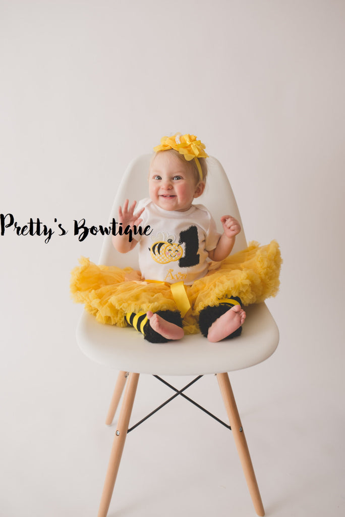 Girls Bumble bee Birthday outfit -- Bodysuit or t-shirt legwarmers, petti skirt and headband can do any age - Pretty's Bowtique