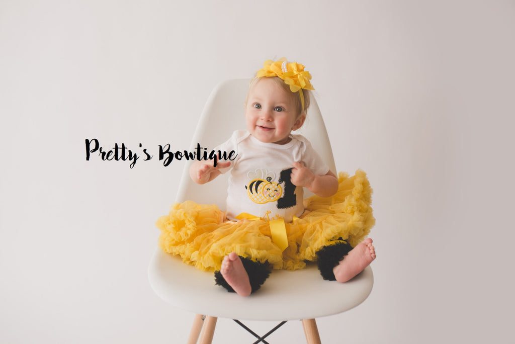 Girls Bumble bee Birthday outfit -- Bodysuit or t-shirt legwarmers, petti skirt and headband can do any age - Pretty's Bowtique