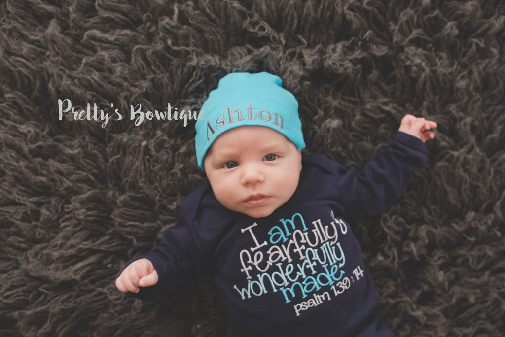 Baby boy coming home outfit bodysuit and beanie -- I am fearfully & wonderfully made psalm 139:14.  Perfect coming home outfit - Pretty's Bowtique