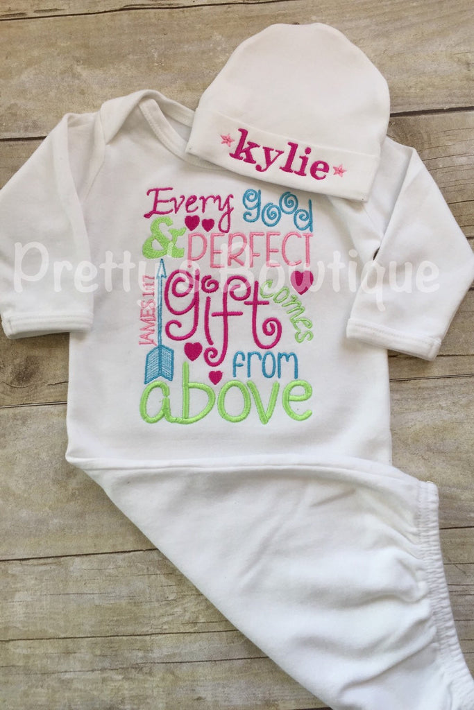 Newborn baby girl coming home outfit -- Every good and perfect gift comes from above James 1:27 gown and hat - Pretty's Bowtique