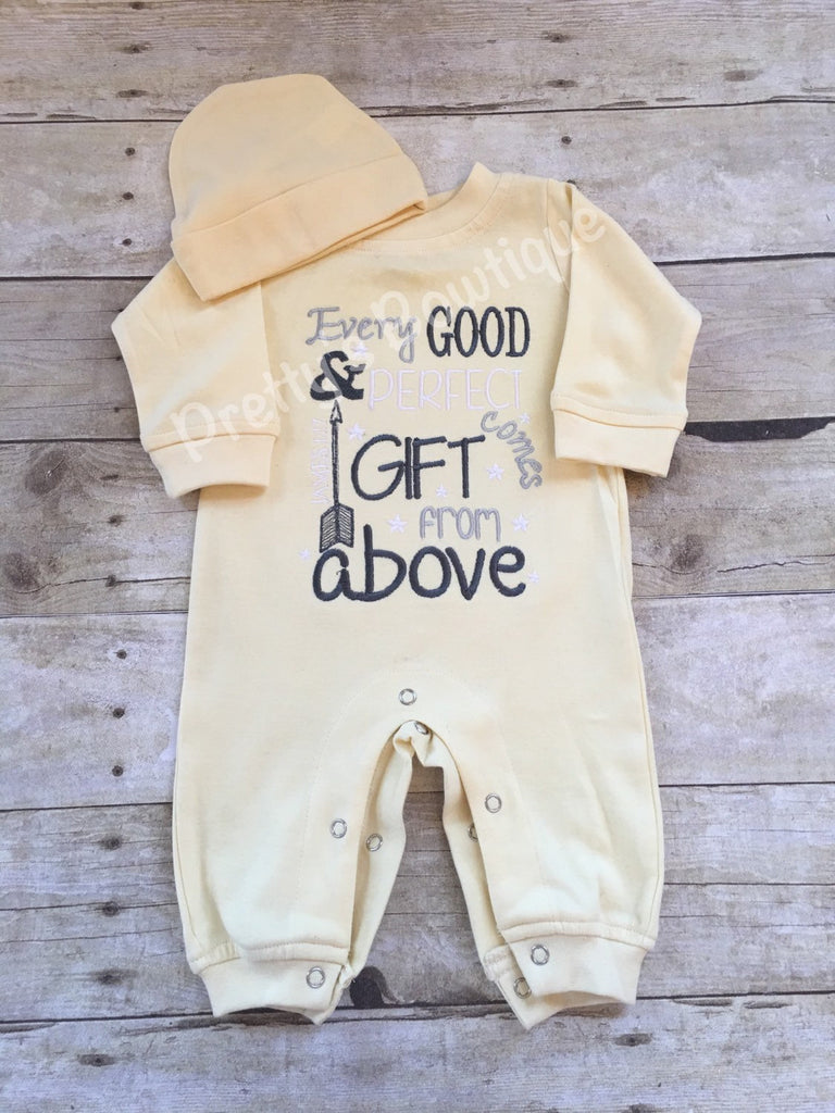 Newborn coming home outfit Every good and perfect gift comes from above James 1:27 romper and hat -- gender neutral - Pretty's Bowtique