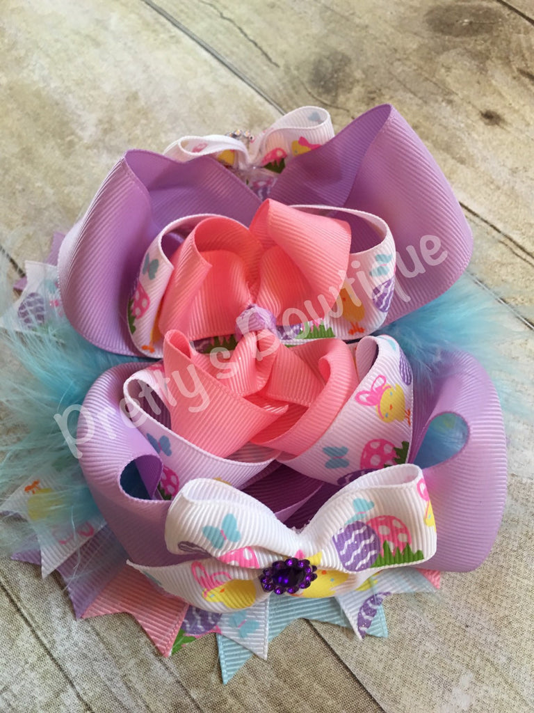 Easter Bunny Bow -- Easter Bow -- Easter Headband -- Large bow 6" with bunny center -- blue, purple, yellow, white, and pink - Pretty's Bowtique
