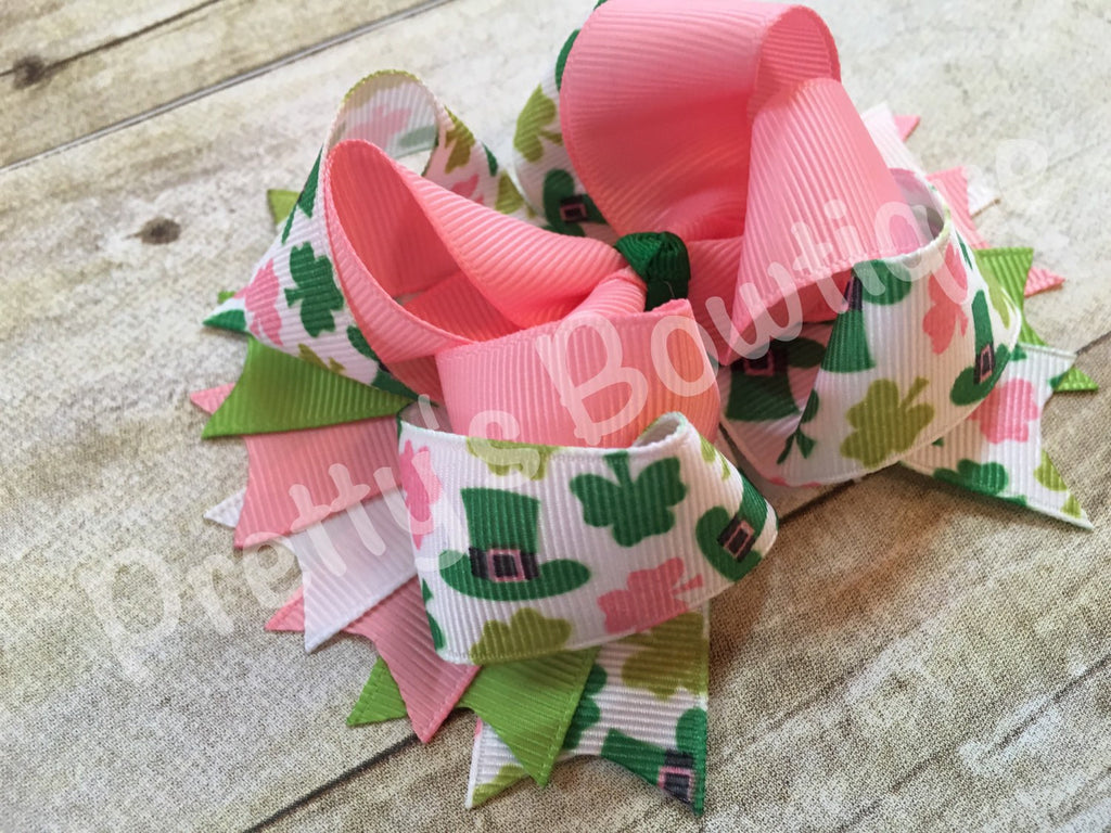 St. Patrick's  Bow -- Saint Patricks Bow -- St. Patricks Day Headband -- Pink, green, white - Pretty's Bowtique