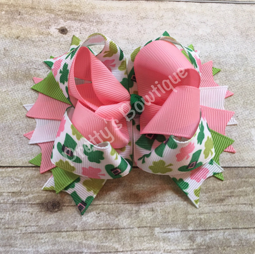 St. Patrick's  Bow -- Saint Patricks Bow -- St. Patricks Day Headband -- Pink, green, white - Pretty's Bowtique