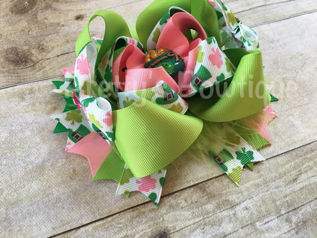 St. Patrick's  Bow -- Saint Patricks Large Bow -- St. Patricks Day Headband -- Pink, green, white - Pretty's Bowtique