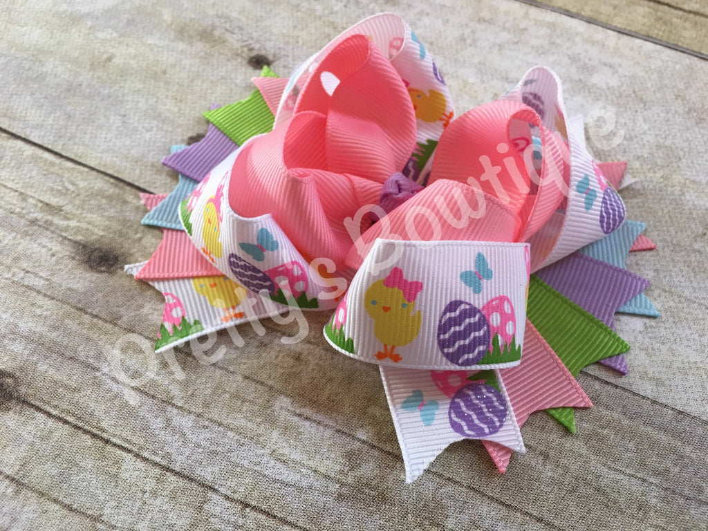 Easter Bunny Bow -- Easter Bow -- Easter Headband -- Bow with bunny center -- blue, purple, yellow, white, green and pink - Pretty's Bowtique