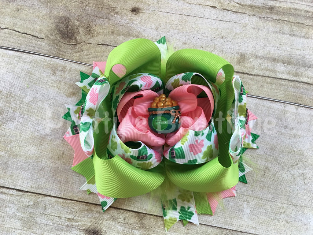 St. Patrick's  Bow -- Saint Patricks Large Bow -- St. Patricks Day Headband -- Pink, green, white - Pretty's Bowtique