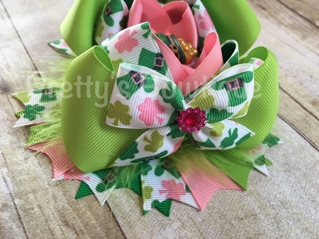 St. Patrick's  Bow -- Saint Patricks Large Bow -- St. Patricks Day Headband -- Pink, green, white - Pretty's Bowtique