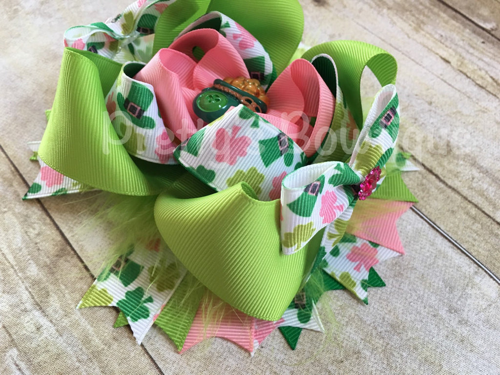 St. Patrick's  Bow -- Saint Patricks Large Bow -- St. Patricks Day Headband -- Pink, green, white - Pretty's Bowtique