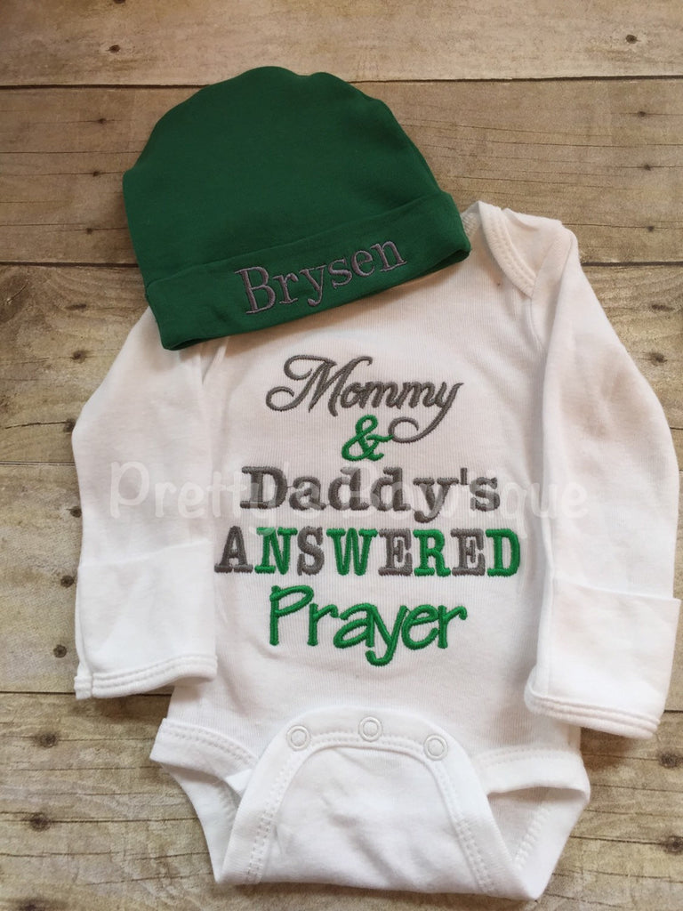 Newborn coming home outfit -- Mommy & Daddy's Answered Prayer bodysuit coming home shirtand personalized hat outfit - Pretty's Bowtique