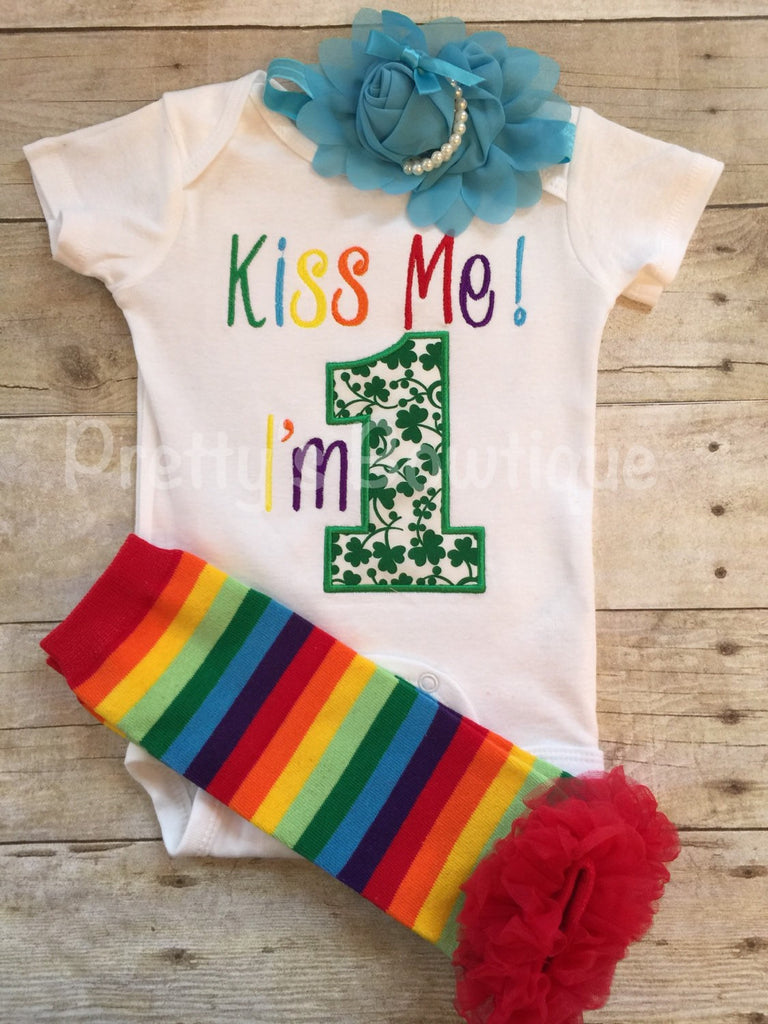 1st Birthday St. Patrick's shirt or bodysuit, headband  and legwamers -- Kiss me I'm 1 St. Patrick's Day Birthday set with legwarmers - Pretty's Bowtique