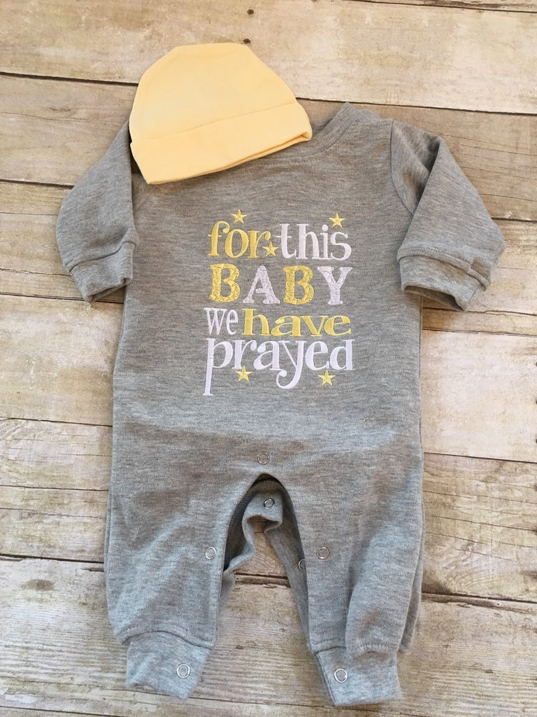 Newborn coming home outfit For This Baby We Have Prayed romper and hat -- gender neutral - Pretty's Bowtique