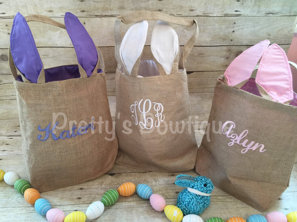 Burlap Bunny Basket-- Personalized Easter Basket -- Bunny Ears  Bucket  -- Children's Easter Bucket -- Easter Pail personalized - Pretty's Bowtique
