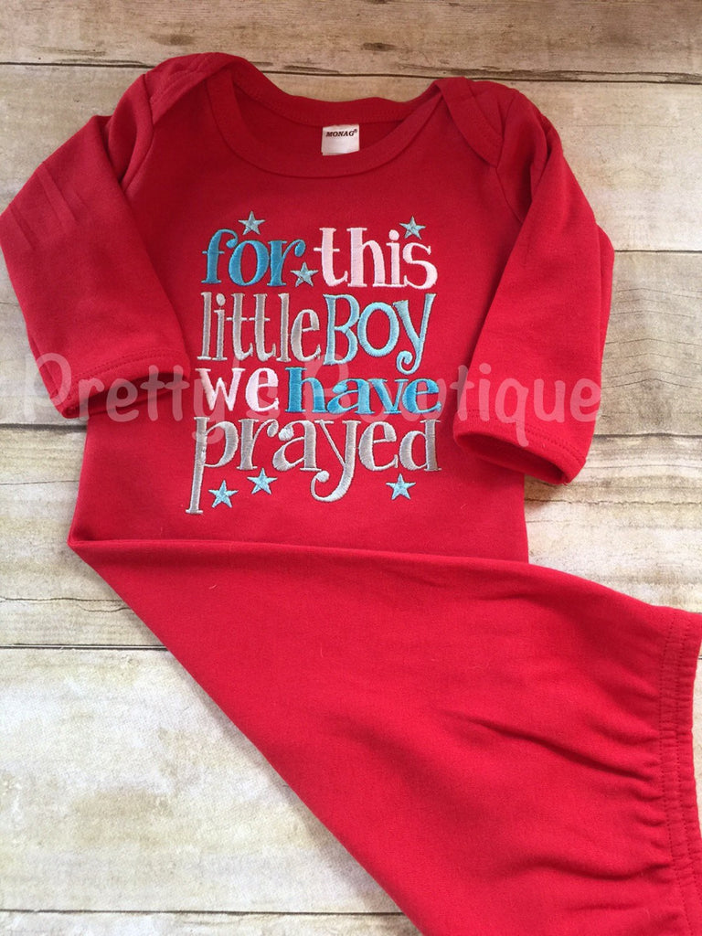 Newborn baby boy coming home outfit-- For this boy I or WE have Prayed newborn gown. Can be done in any color combo - Pretty's Bowtique