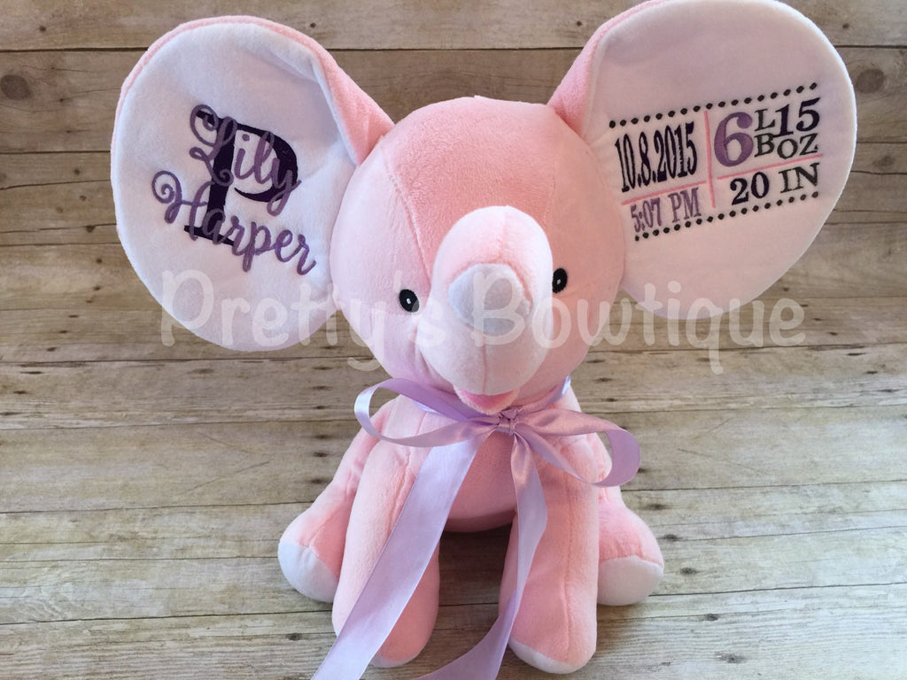 Personalized Elephant -- Birth Announcement Elephant --  Dumble elephant -- cubbie personalized elephant-- personalized keepsake - Pretty's Bowtique