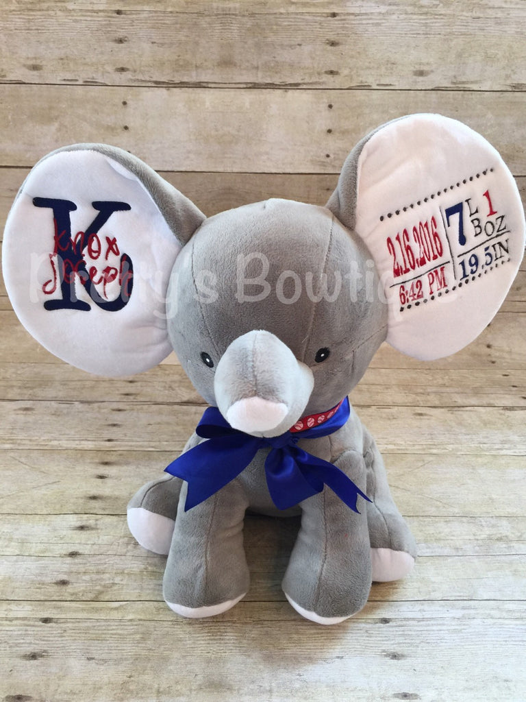 Stuffed Animal Birth Announcement – Cute Elephant with Name and Birth Stats Embroidered on Ears – 8 Colors Available - Pretty's Bowtique