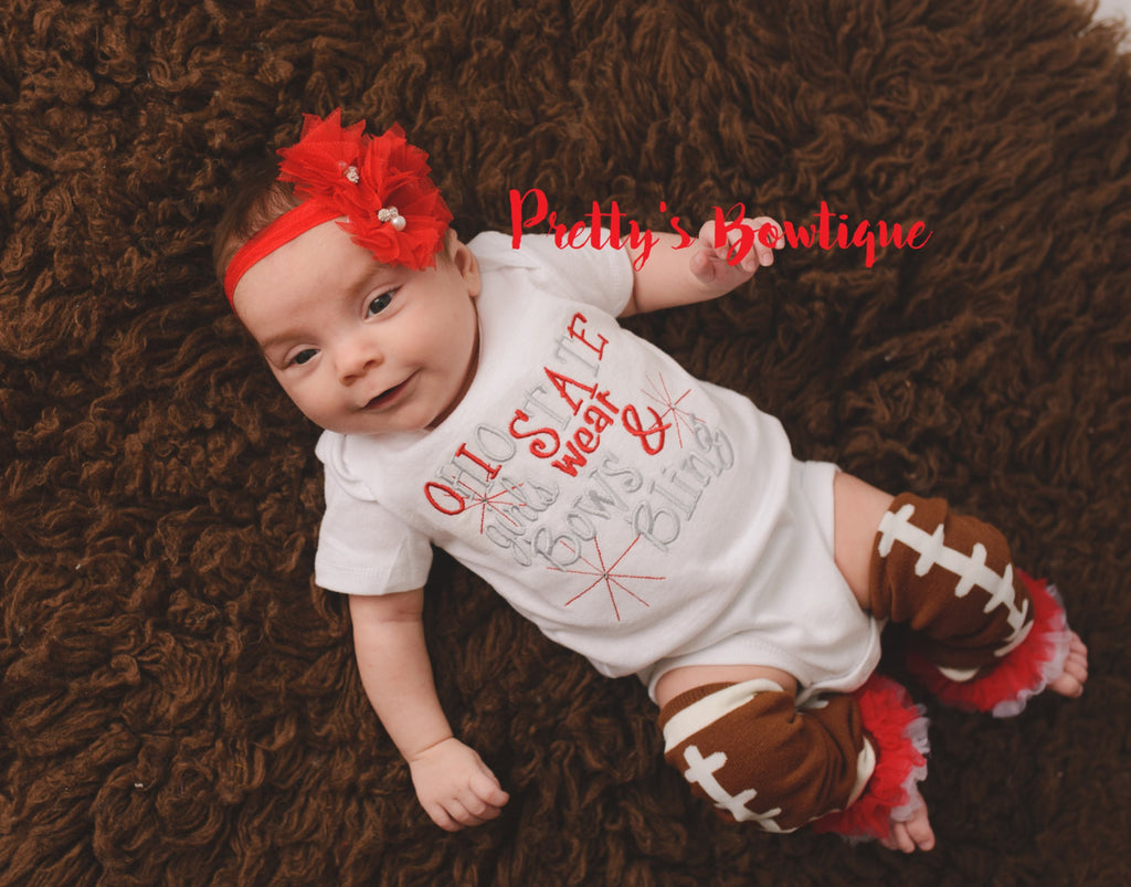 Ohio State inspired girls like bling bodysuit  set with ruffled football leg warmers and headband - Pretty's Bowtique