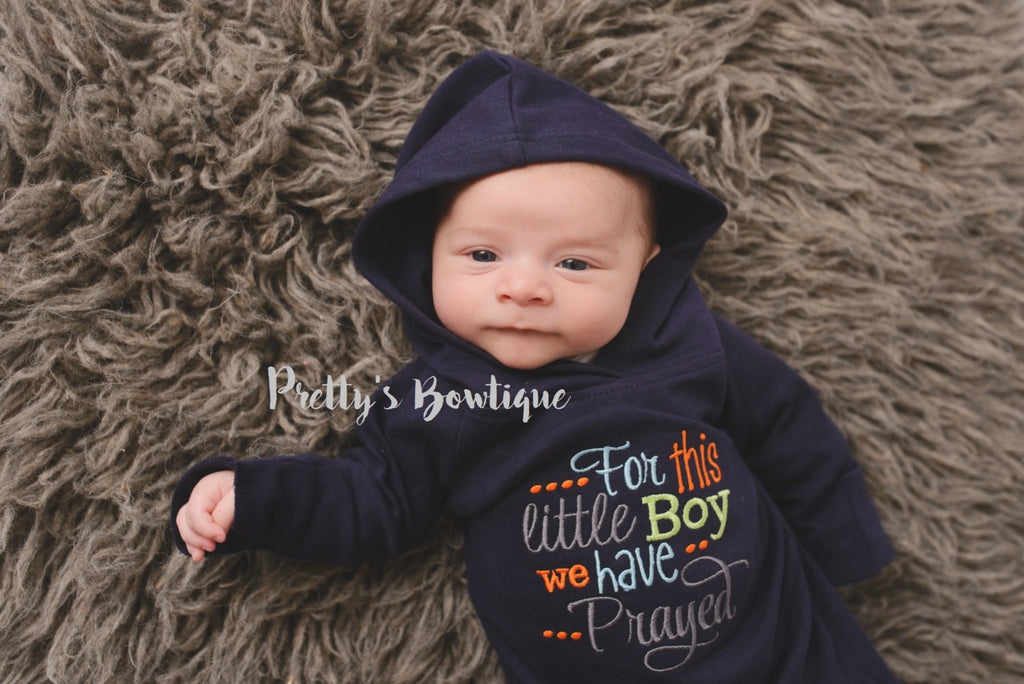 Newborn boy coming home outfit --For this Little boy we have Prayed gown with hoodie hat - Pretty's Bowtique