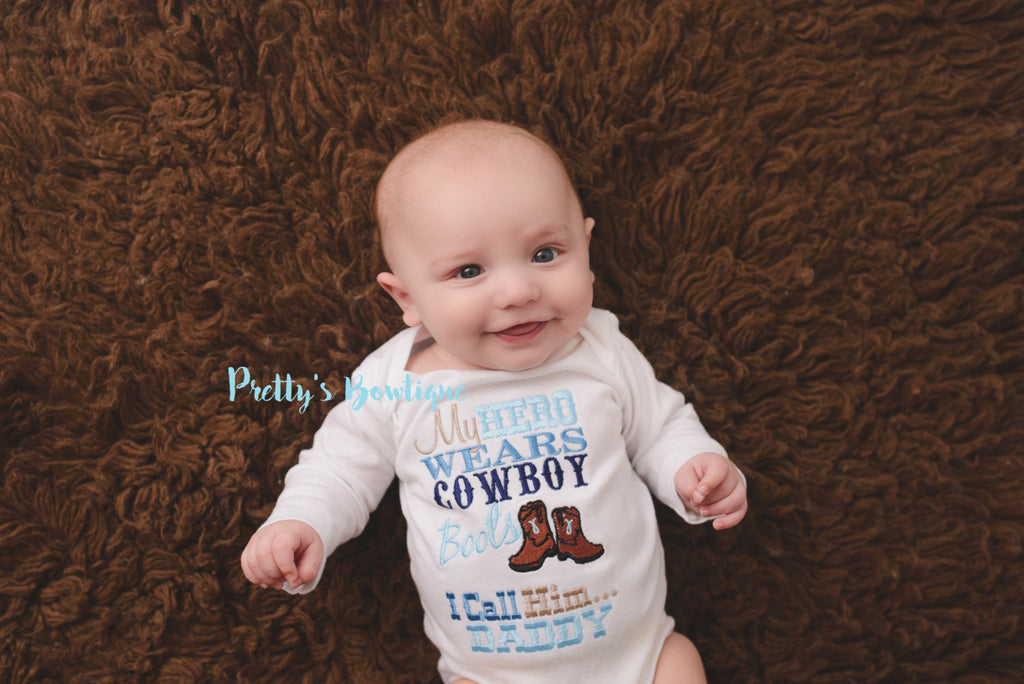 My hero wears cowboy boots shirt or bodysuit - Pretty's Bowtique