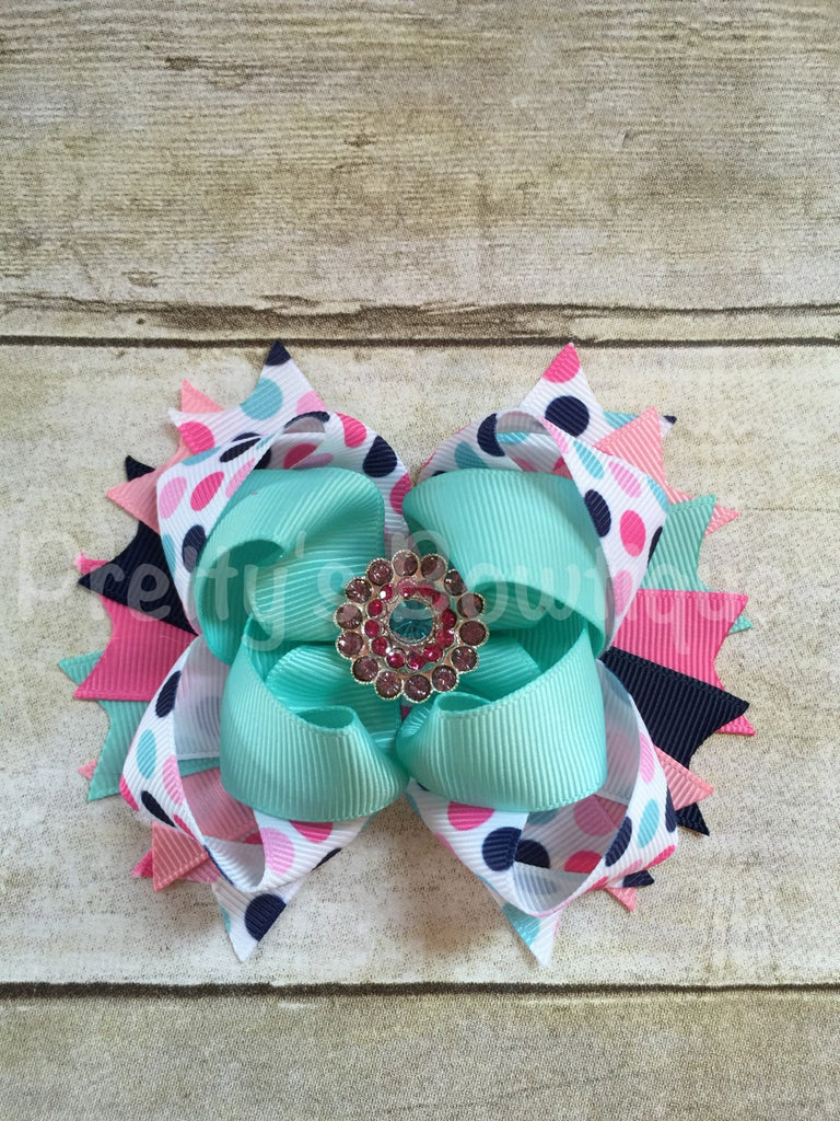 Polka dot bow  -- aqua and pink Bow -- pink and navy bow -- girls summer bow  -- Girls OTT bow - Pretty's Bowtique