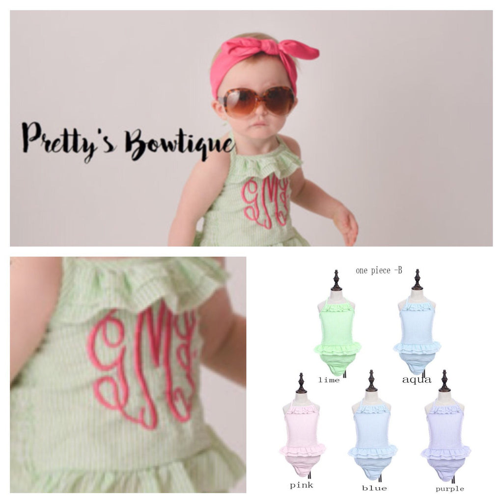 Girls Monogrammed Swimsuit -- Seersucker Swimsuit- Ruffled Baby Swimsuit -- One piece Girls- Monogrammed Bathing Suit-- 12M through 5/6 - Pretty's Bowtique