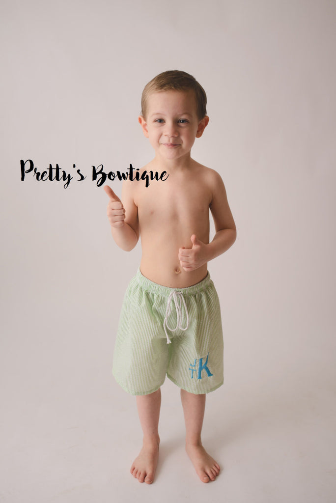 Boys Monogrammed Swimsuit -- Seersucker Boys Swim trunks- Baby Boy Swimsuit --Boys swim- Monogrammed Bathing Suit-- 12M through 5/6 - Pretty's Bowtique