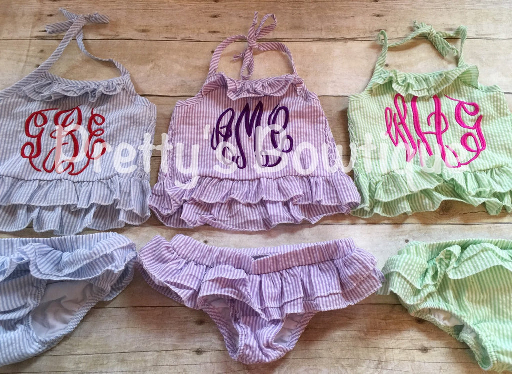 Girls Monogrammed Swimsuit -- Seersucker Bikini- Ruffled Baby Swimsuit --2 pc Girls- Monogrammed Bathing Suit-- 12M through 5/6 - Pretty's Bowtique