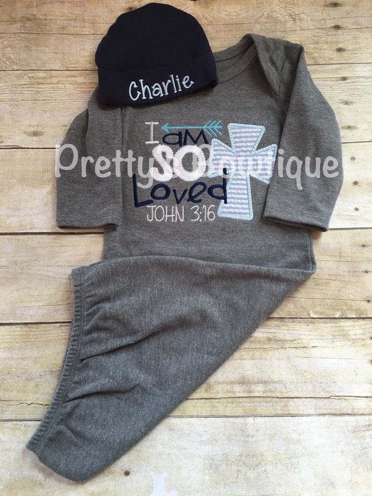 Newborn boy coming home outfit I'm so loved John 3:16 gown and hat -- take home outfit -- Baby boy coming home gown and personalized beanie - Pretty's Bowtique