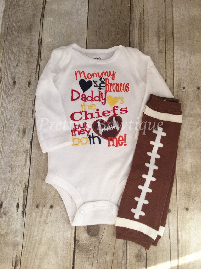 Mommy loves the (you pick team) daddy loves the (you pick team) but the both love me football leg warmers -- House divided football - Pretty's Bowtique