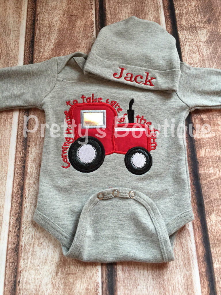 Baby Boy Coming Home Outfit -- Coming home to take care of the farm bodysuit with Hat with Embroidered name -- red tractor - Pretty's Bowtique