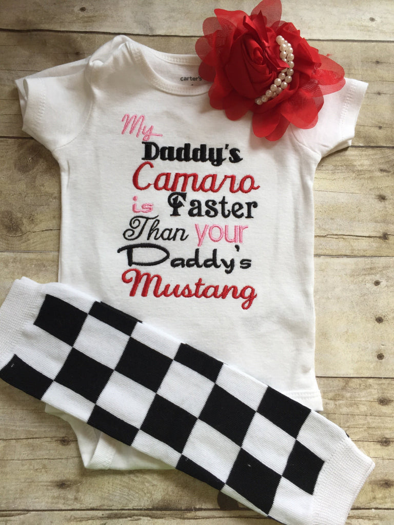 My daddy's mustang is faster than your daddy's Camaro shirt -- Girls outfit shirt or bodysuit, legwarmers and headband - Pretty's Bowtique