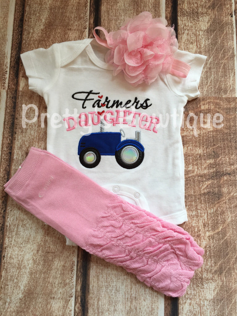 Farmer's Daughter bodysuit or t shirt, headband, and legwarmers.  Can customize wording and colors -- little girls farm outfit -- blue - Pretty's Bowtique