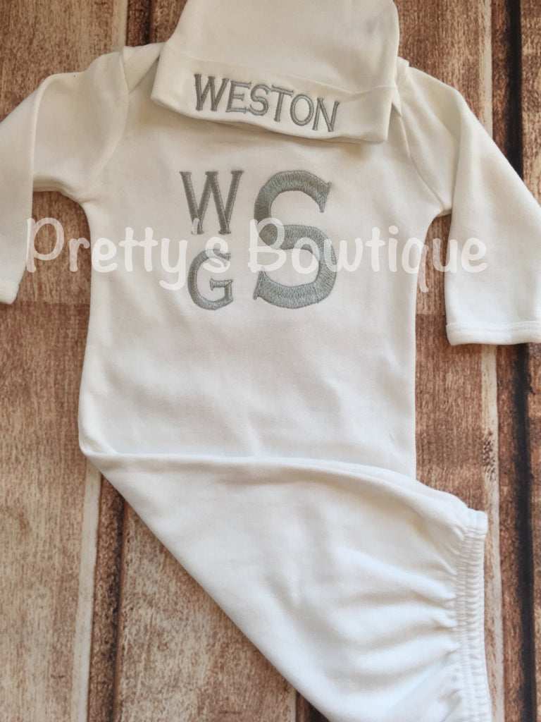 Baby Boy Coming home outfit  Monogram gown and hat - Monogramed newborn gown and gown -- baby shower gift - Pretty's Bowtique