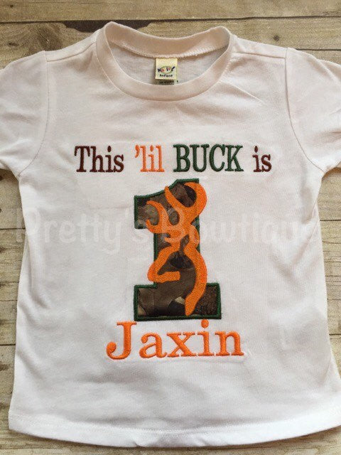 1st Birthday Camo Boy Bodysuit / T Shirt Customizable for Any Age, Personalized with Name -- This lil Buck is one - Pretty's Bowtique