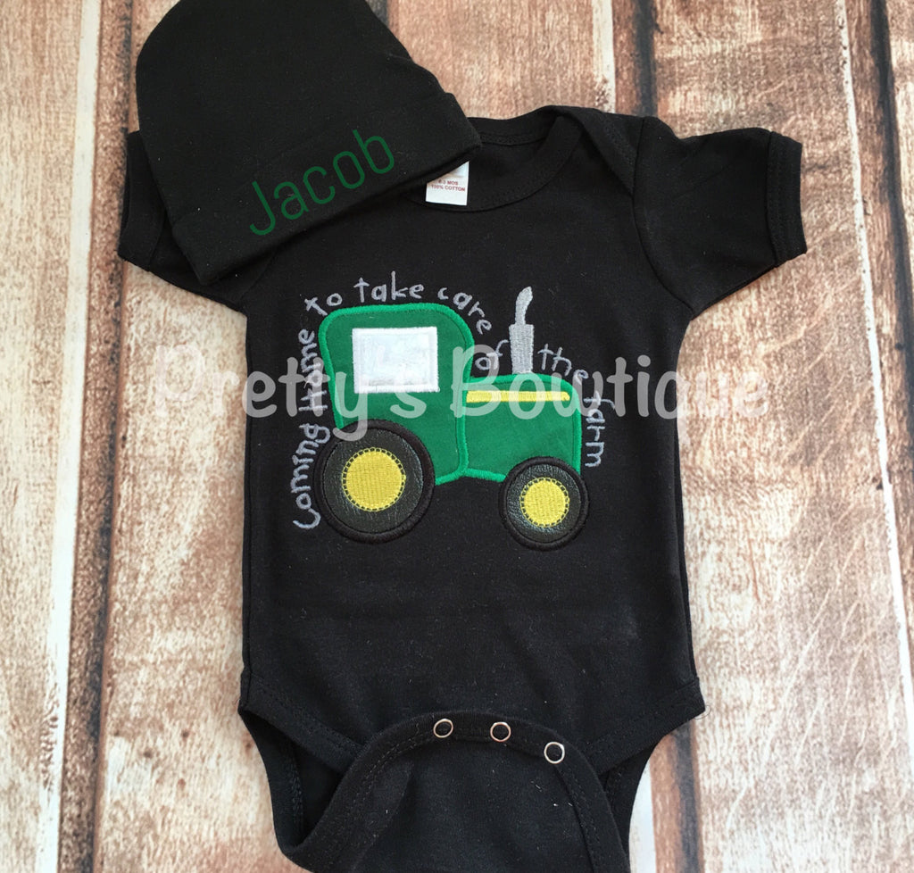 Baby Boy Coming Home Outfit -- Coming home to take care of the farm bodysuit with Hat with Embroidered Name--Black - Pretty's Bowtique