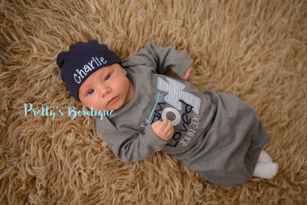 Newborn boy coming home outfit I'm so loved John 3:16 gown and hat -- take home outfit -- Baby boy coming home gown and personalized beanie - Pretty's Bowtique