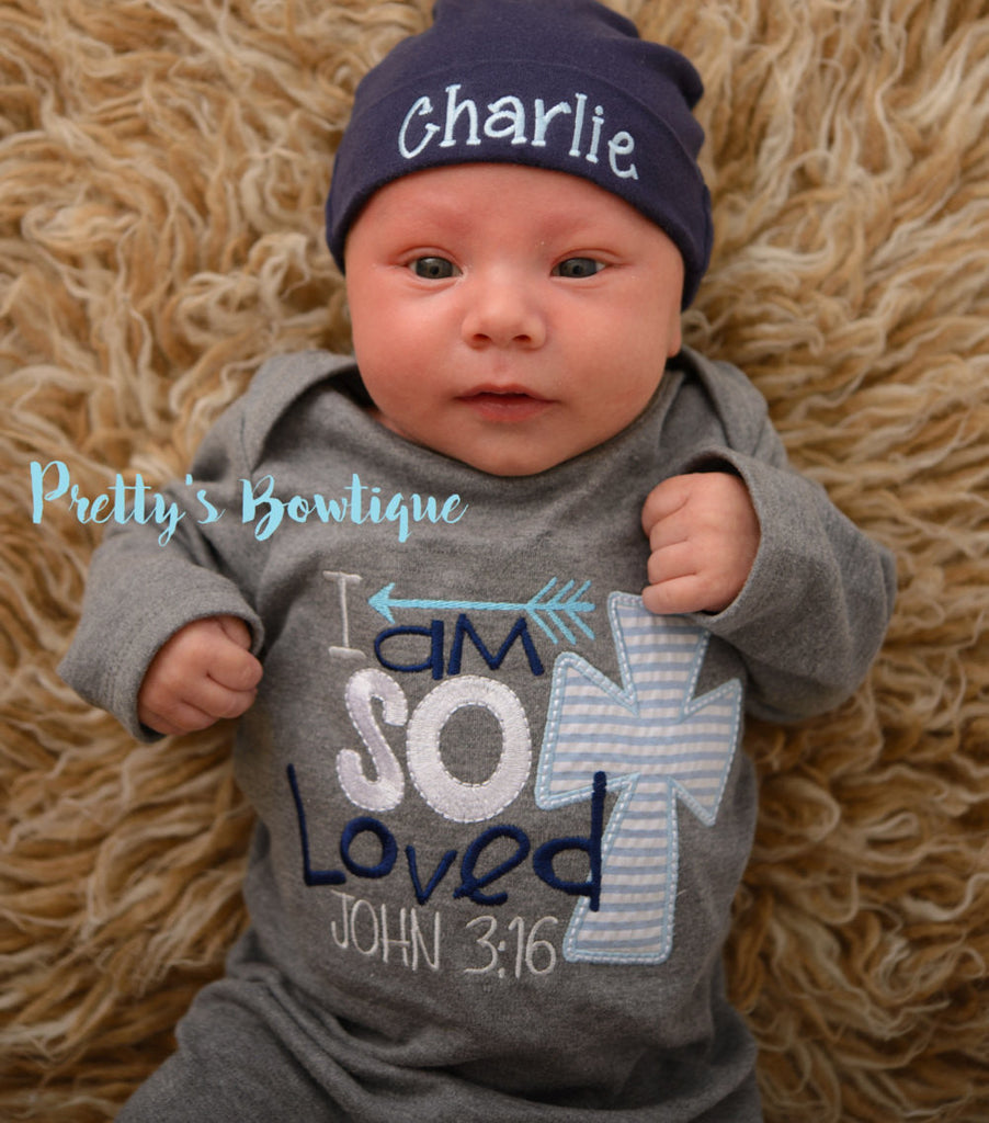 Newborn boy coming home outfit I'm so loved John 3:16 gown and hat -- take home outfit -- Baby boy coming home gown and personalized beanie - Pretty's Bowtique